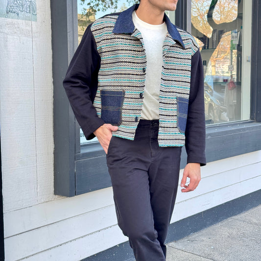 Short Sweater Jacket – Cotton Fleece & Textured Woven Front