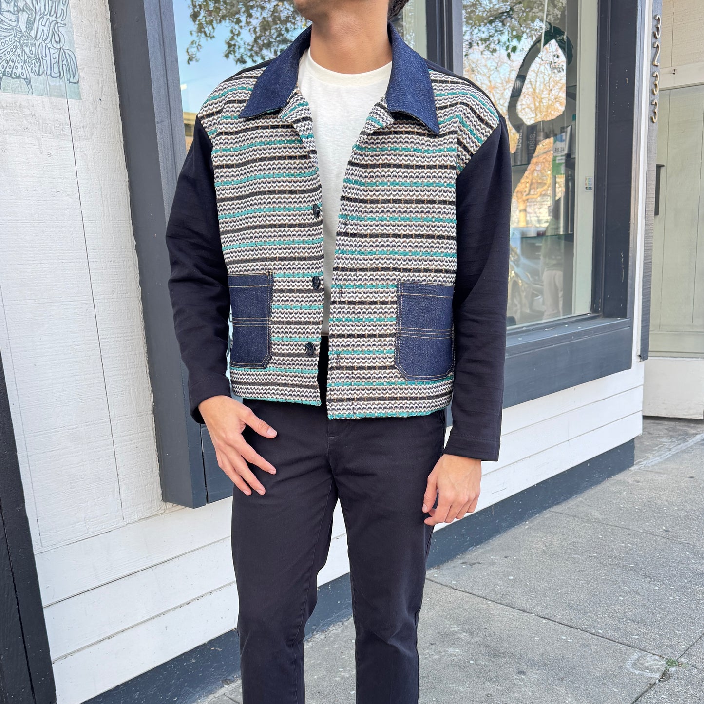 Short Sweater Jacket – Cotton Fleece & Textured Woven Front