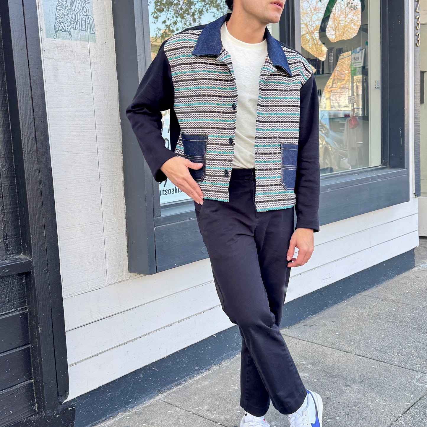 Short Sweater Jacket – Cotton Fleece & Textured Woven Front